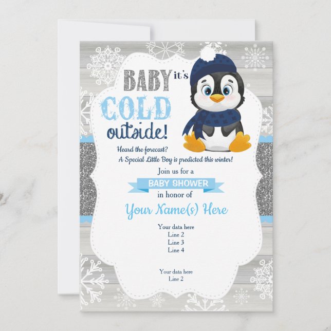 Boy Penguin Winter Invitation for Boy Baby Shower (Front)