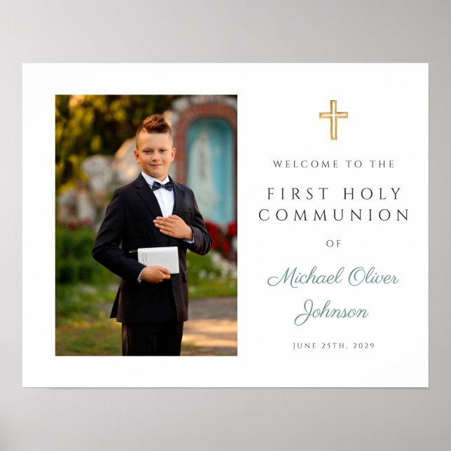 Boy Photo First Communion Green Welcome Poster (Front)