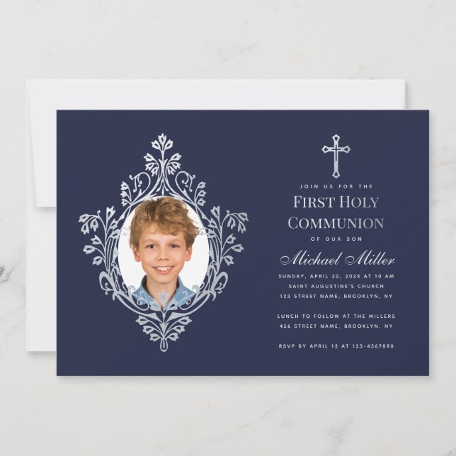 Boy Photo First Communion Navy Blue Faux Silver Invitation (Front)