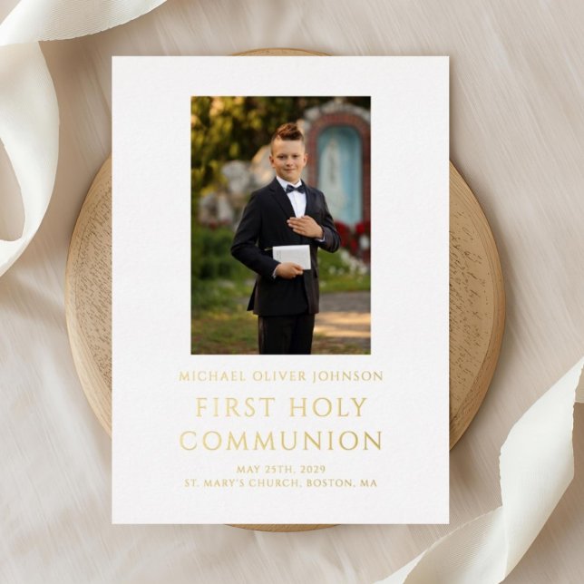 Boy Photo White First Holy Communion Gold (Elegant Boy Photo First Communion Gold Foil Invitation)