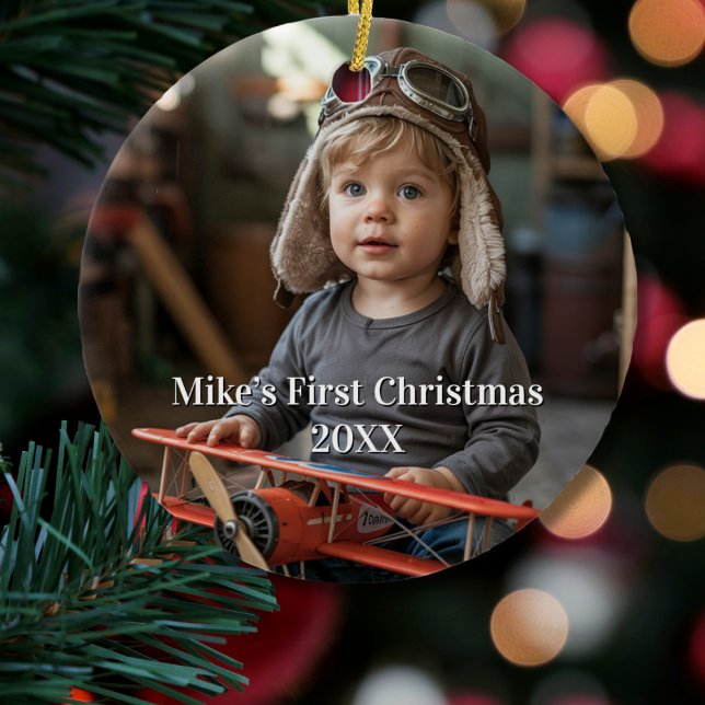Boy Pilot Aeroplane Aviation Cute Photo Christmas Ceramic Ornament (Creator Uploaded)