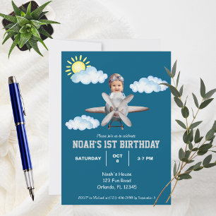 Boy Pilot, Aeroplane & Cloud,Photo First Birthday  Invitation