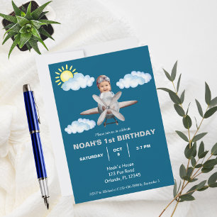 Boy Pilot, Aeroplane & Cloud,Photo First Birthday  Invitation