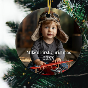Boy Pilot Aeroplane Photo Aviation Cute Christmas Ceramic Ornament