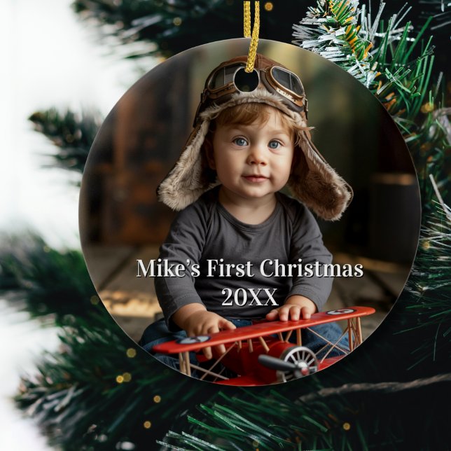 Boy Pilot Aeroplane Photo Aviation Cute Christmas Ceramic Ornament (Creator Uploaded)