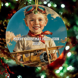 Boy Pilot Aviator & Toy Aeroplane Custom XMAS Ceramic Ornament