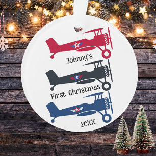 Boy Pilot First Christmas 3 Aeroplanes Personalise Ornament