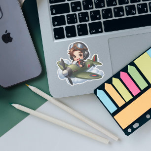 Boy Pilot flying Vintage Airplane in Clouds Cute