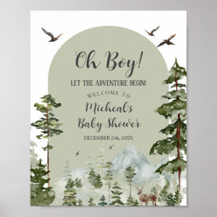Boy Pine Tree Forest Mountain Baby Shower Welcome Poster