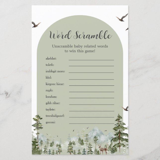 Boy Pine Tree Forest Mountain Word Scramble Game (Front)