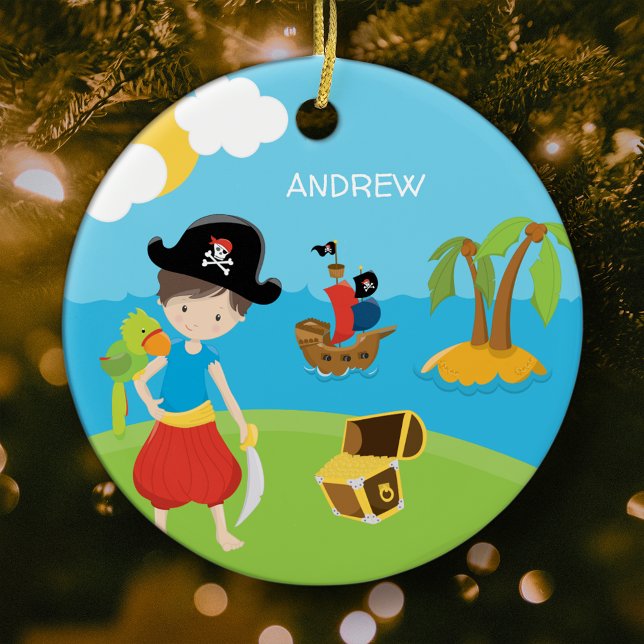 Boy Pirate with Treasure and Parrot Christmas Ceramic Ornament (Creator Uploaded)