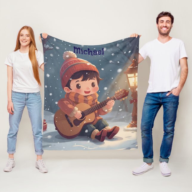 boy playing guitar Christmas Fleece Blanket (In Situ)