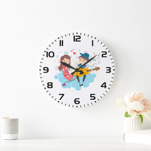 Boy Playing Guitar for Girl Love and Music  Large Clock