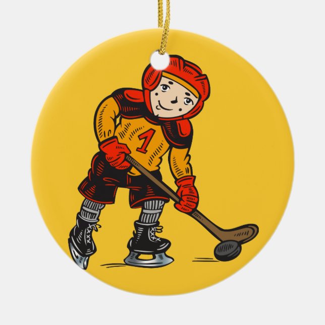 Boy Playing Hockey Ceramic Tree Decoration (Front)