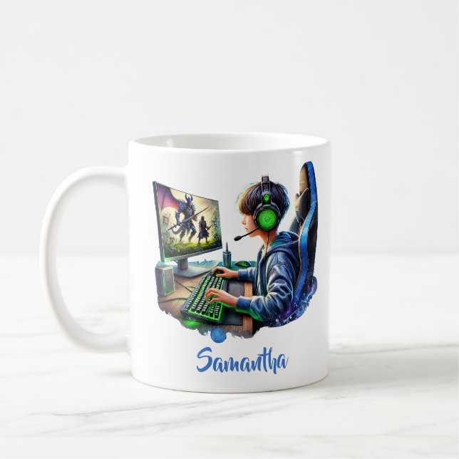Boy playing video came with headphones coffee mug (Left)
