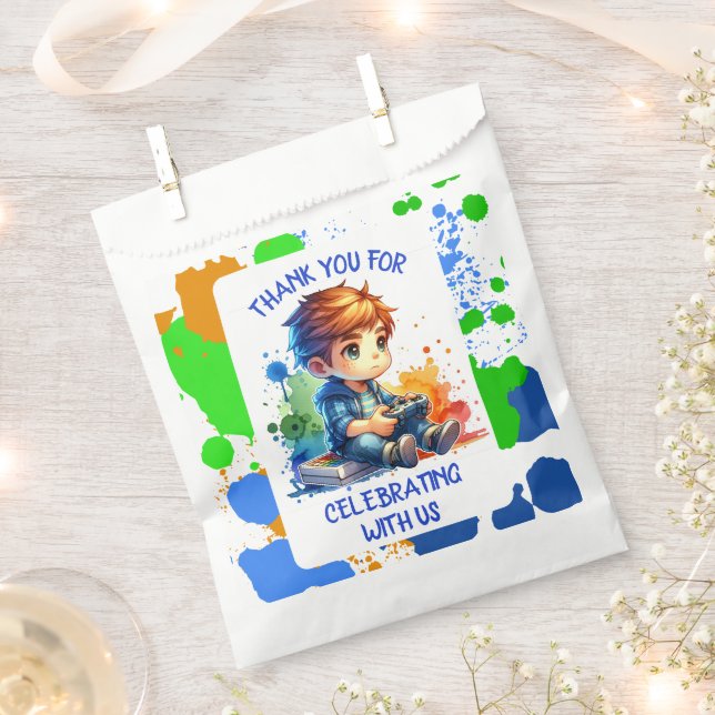 Boy Playing Video Games Personalised Birthday Favour Bag (Clipped)