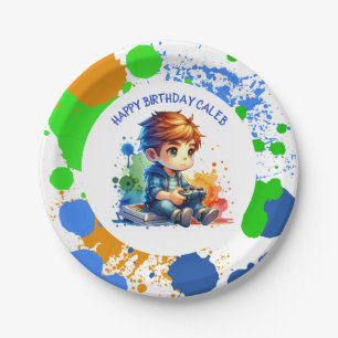 Boy Playing Video Games Personalised Birthday Paper Plate