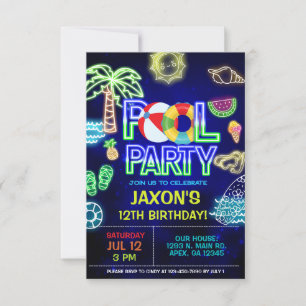 Boy Pool Birthday Bash, neon glow pool party. Invitation