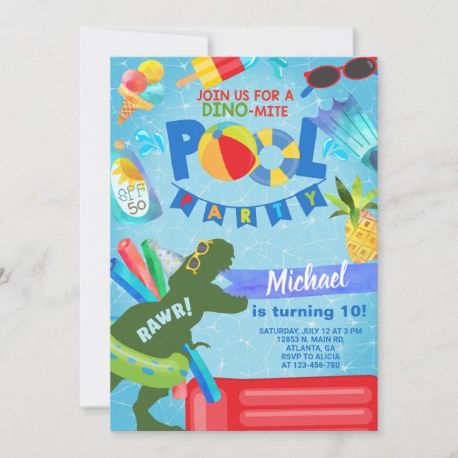 Boy pool party birthday invitation, dinosaur. invitation (Front)