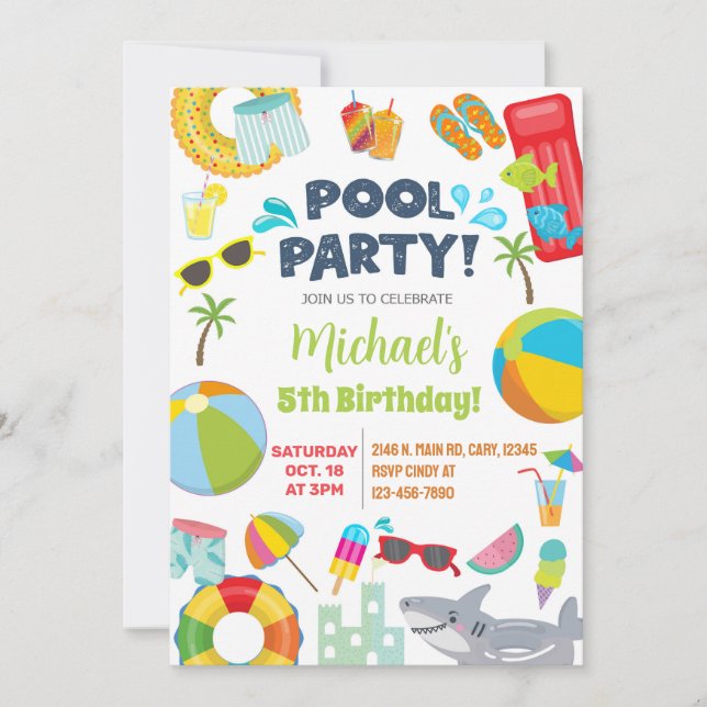Boy pool party invitation, pool birthday bash. invitation (Front)