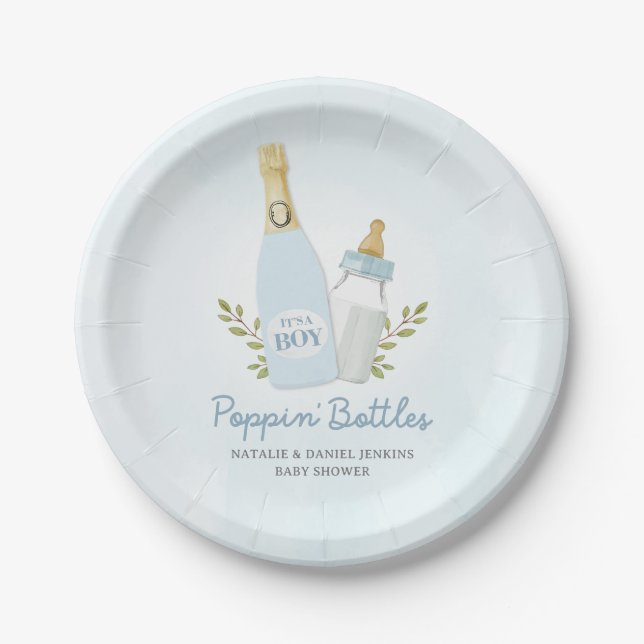 Boy Poppin Bottles Baby Shower Blue  Paper Plate (Front)