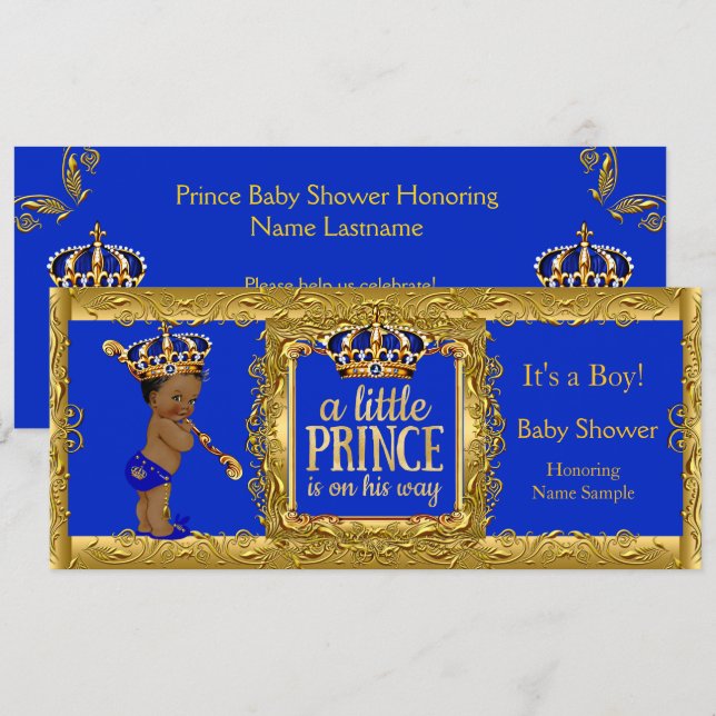 Boy Prince is on his way Royal Blue Gold Ethnic Invitation (Front/Back)