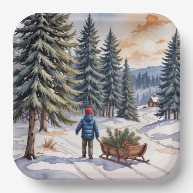 Boy Pulling a Sled With Christmas Evergreen Boughs Paper Plate (Front)