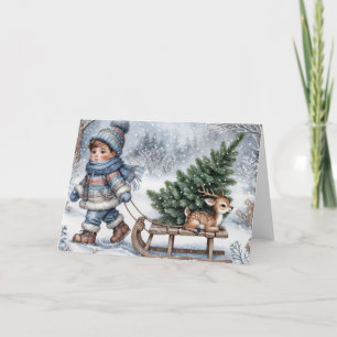 Boy Pulling An Old-fashioned Sled Holiday Card