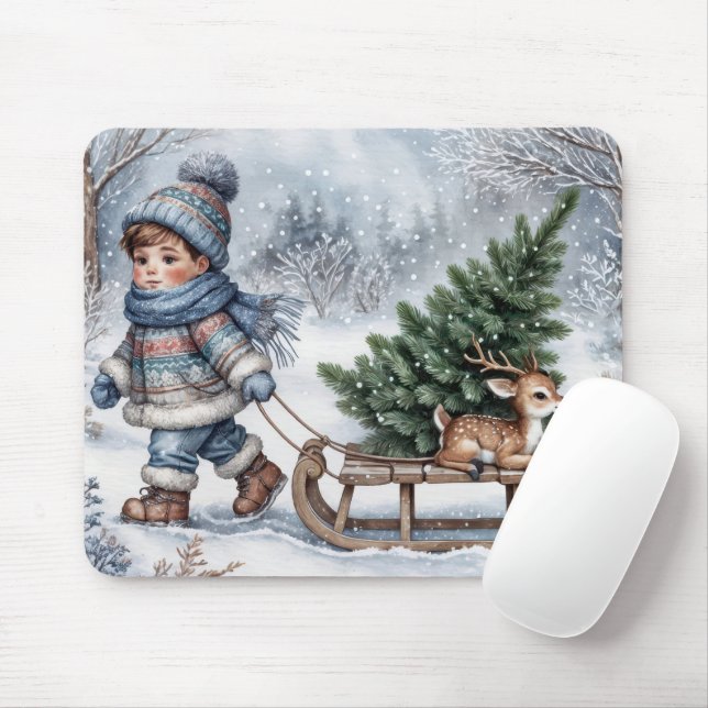 Boy Pulling an Old-fashioned Sled With Tree Mouse Pad (With Mouse)