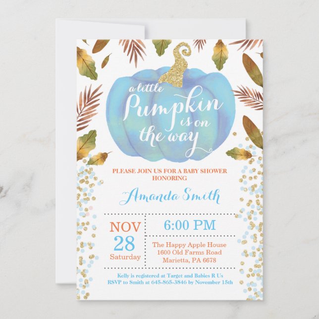 Boy Pumpkin Fall Baby Shower Invitation Gold (Front)