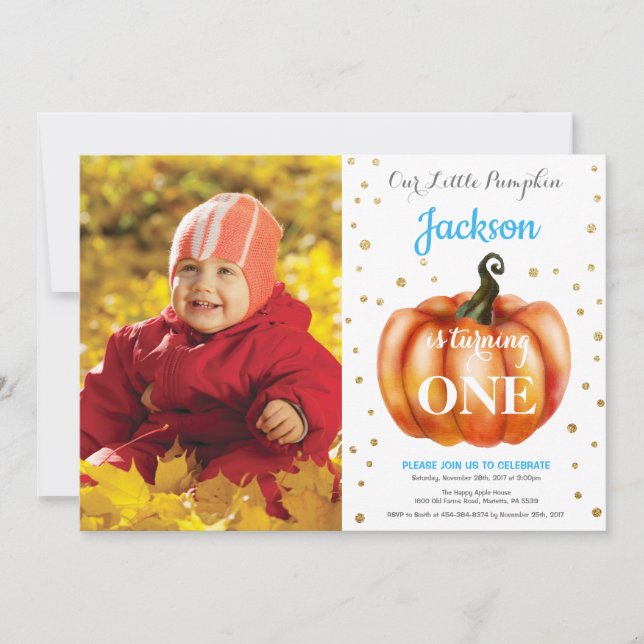 Boy Pumpkin Fall Birthday Invitation Gold (Front)