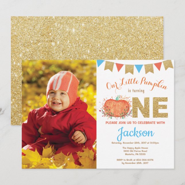 Boy Pumpkin Fall Birthday Invitation Gold Glitter (Front/Back)