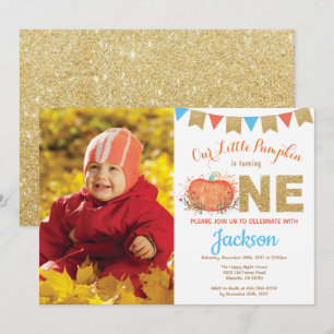 Boy Pumpkin Fall Birthday Invitation Gold Glitter