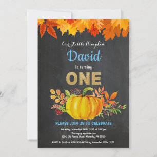 Boy Pumpkin Fall First Birthday Gold Chalkboard Invitation
