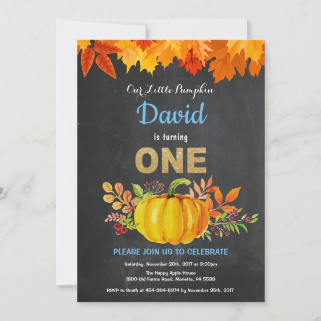 Boy Pumpkin Fall First Birthday Gold Chalkboard Invitation (Front)