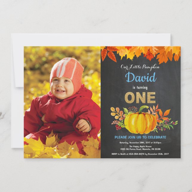 Boy Pumpkin Fall First Birthday Gold Chalkboard Invitation (Front)