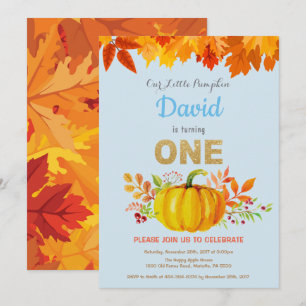 Boy Pumpkin Fall First Birthday Gold Glitter Invitation