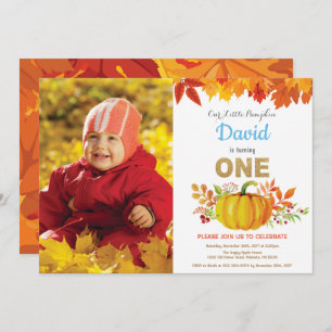 Boy Pumpkin Fall First Birthday Gold Glitter Invitation