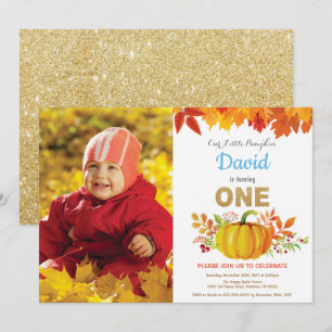 Boy Pumpkin Fall First Birthday Gold Glitter Invitation