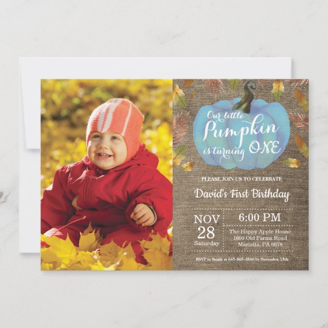 Boy Pumpkin First Birthday Invitation Blue (Front)
