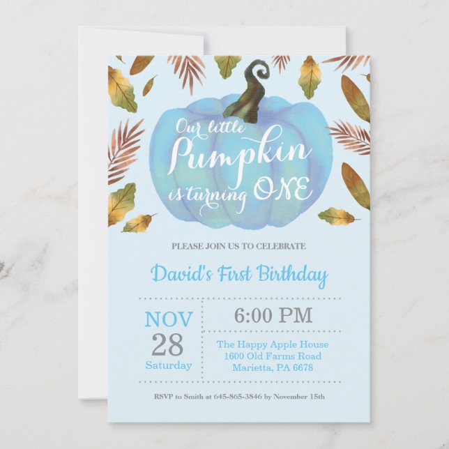 Boy Pumpkin First Birthday Invitation Blue (Front)