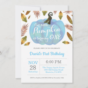 Boy Pumpkin First Birthday Invitation Blue