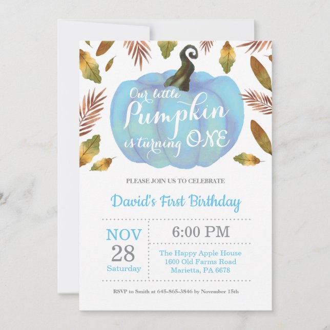 Boy Pumpkin First Birthday Invitation Blue (Front)