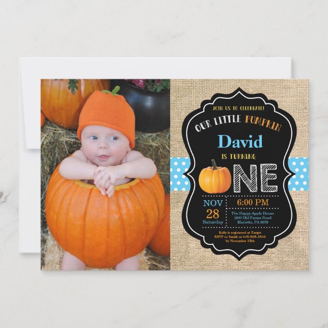 Boy Pumpkin First Birthday Invitation Burlap (Front)