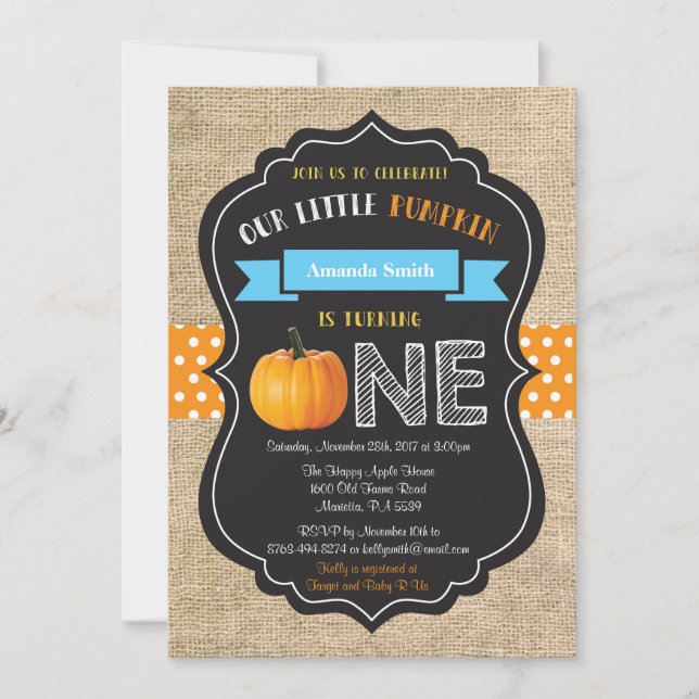 Boy Pumpkin First Birthday Invitation Burlap (Front)