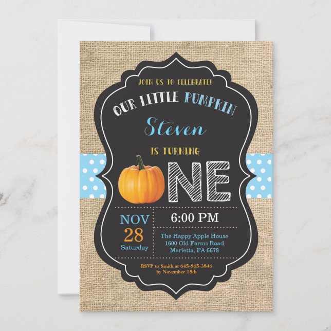 Boy Pumpkin First Birthday Invitation Burlap (Front)