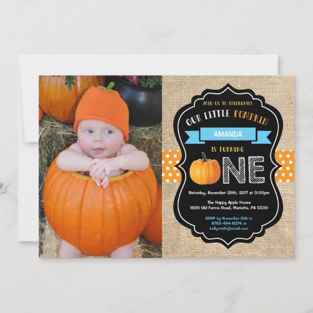 Boy Pumpkin First Birthday Invitation Burlap (Front)