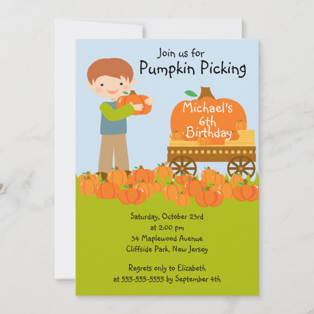 Boy Pumpkin Picking Birthday Party Invitations (Front)