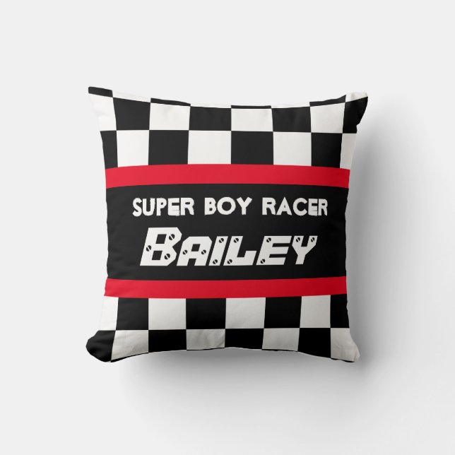 Boy racer red black chequered flag name pillow (Front)