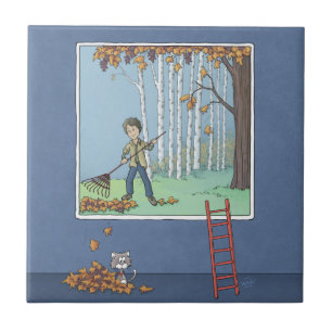 Boy raking leaves ceramic tile